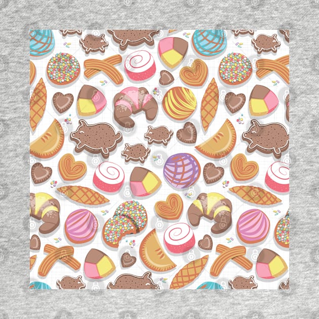 Mexican Sweet Bakery Frenzy // pattern // white background pastel colors pan dulce by SelmaCardoso